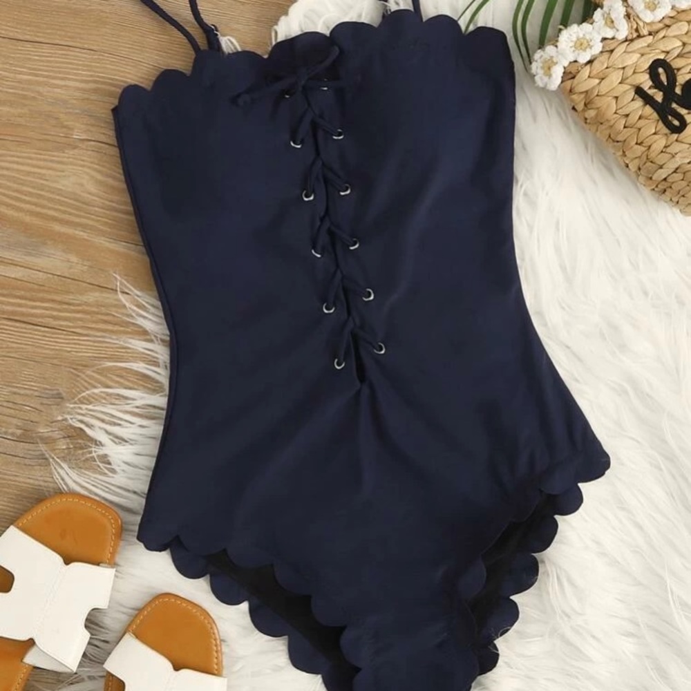 Brand new navy scalloped one piece swimsuit